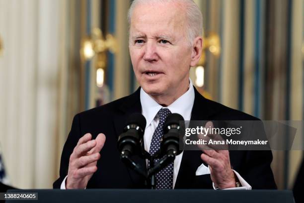 President Joe Biden introduces his budget request for fiscal year 2023 in the State Dining Room of the White House on March 28, 2022 in Washington,...