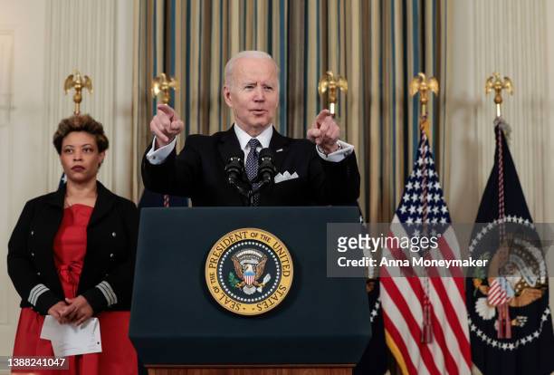 President Joe Biden speaks alongside Director of the Office of Management and Budget Shalanda Young as he introduces his budget request for fiscal...