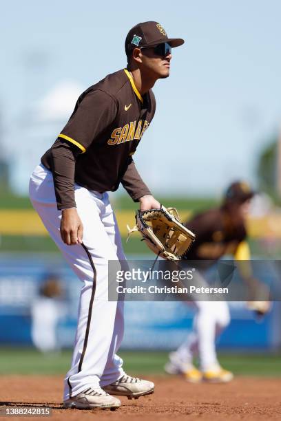 Infielder Manny Machado of the San Diego Padres in action during the third inning of the MLB spring training game against the Los Angeles Angels at...