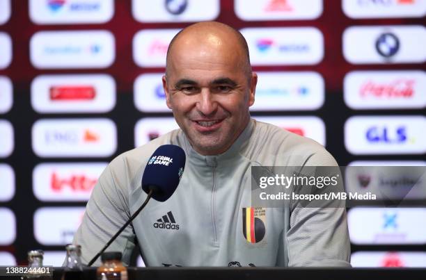 Roberto Martinez, head coach of Belgium, gives a press conference before a training session of the Belgian national soccer team " The Red Devils ",...