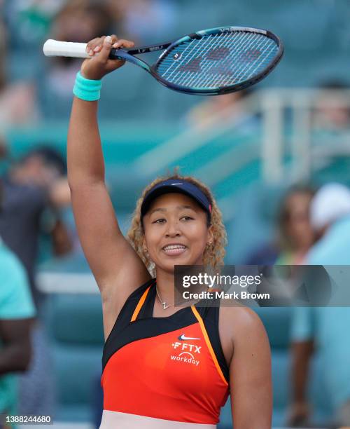 Naomi Osaka of Japan celebrates after defeating Alison Riske of United States during the Women’s Singles match on Day 8 of the 2022 Miami Open...