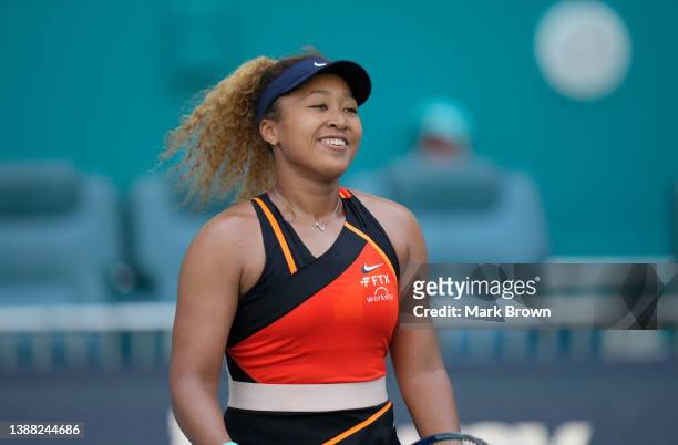 Naomi Osaka of Japan celebrates after defeating Alison Riske of United States during the Women’s Singles match on Day 8 of the 2022 Miami Open...