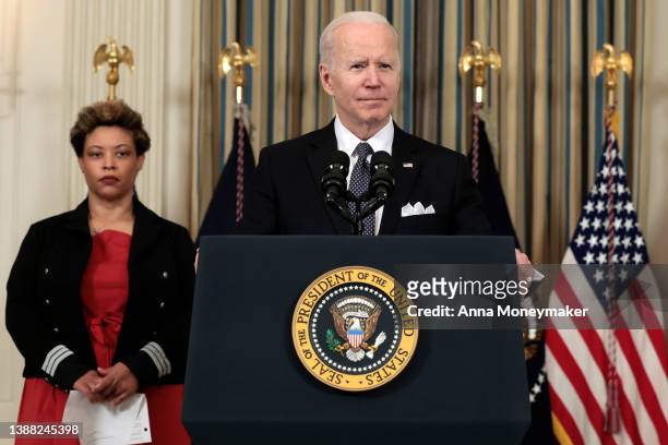 President Joe Biden answers questions, alongside Director of the Office of Management and Budget Shalanda Young, after introducing his budget request...