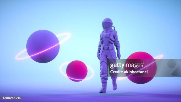 astronaut walking to galaxy planet space exploration - pink nebula stock pictures, royalty-free photos & images