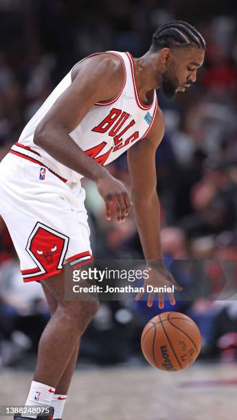 Patrick Williams of the Chicago Bulls moves against the Toronto Raptors at the United Center on March 21, 2022 in Chicago, Illinois. The Bulls...
