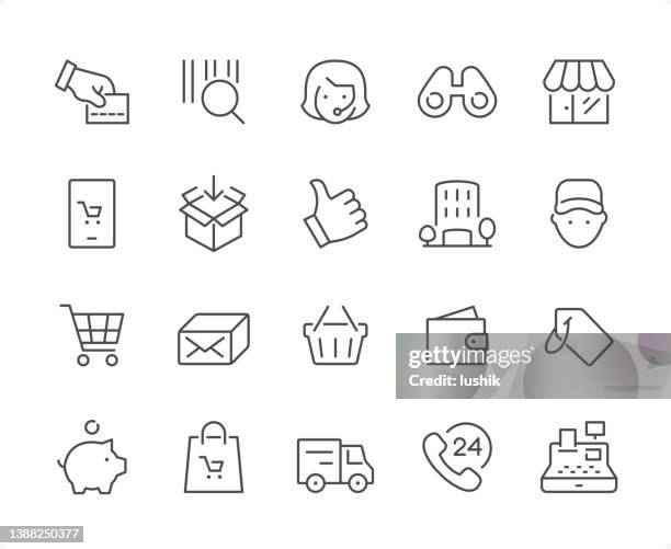 shopping icon set. editable stroke weight. pixel perfect icons. - grocery basket stock illustrations
