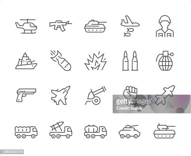 ilustraciones, imágenes clip art, dibujos animados e iconos de stock de conjunto de iconos militares. peso de trazo editable. iconos perfectos para píxeles. - military tank