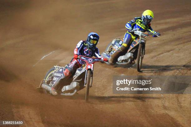 Norick Blodorn competes during the League Cup match between Belle Vue Aces and Sheffield Tigers at the National Speedway Stadium on March 28, 2022 in...