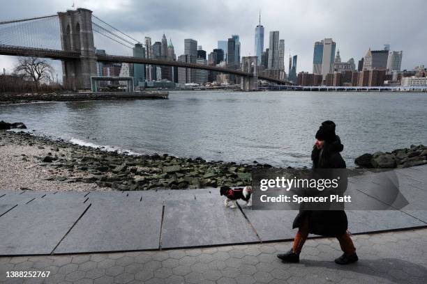 The Manhattan skyline looms over the East River on March 28, 2022 in New York City. According to the U.S. Census Bureau, New York City saw a...