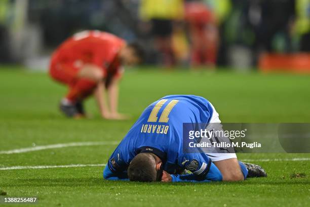 Domenico Berardi of Italy looks dejected during the 2022 FIFA World Cup Qualifier knockout round play-off match between Italy and North Macedonia at...
