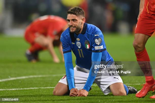 Domenico Berardi of Italy looks dejected during the 2022 FIFA World Cup Qualifier knockout round play-off match between Italy and North Macedonia at...