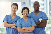 Portrait of a group of medical practitioners standing together with their arms crossed in a hospital
