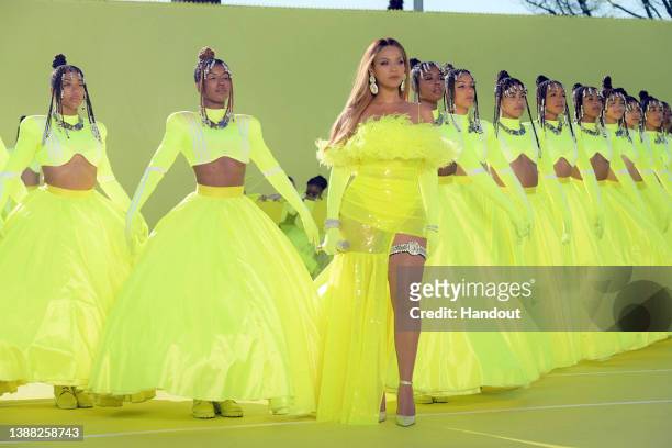 In this handout photo provided by A.M.P.A.S., Beyoncé performs during the ABC telecast of the 94th Oscars® on Sunday, March 27, 2022 in Los Angeles,...