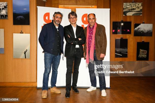 Eric Toledano, Bruno Patino and Frederic Pierrot are seen, during the "En Therapie" Premiere, at Cinema l'Arlequin on March 28, 2022 in Paris, France.