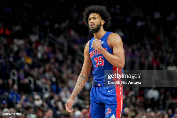Marvin Bagley III of the Detroit Pistons looks on against the New York Knicks during the fourth quarter at Little Caesars Arena on March 27, 2022 in...