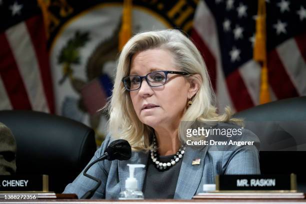 Rep. Liz Cheney speaks during a Select Committee to Investigate the January 6th Attack on the U.S. Capitol business meeting on Capitol Hill March 28,...