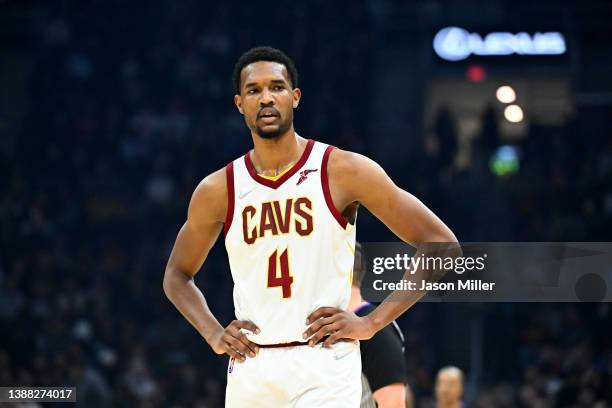 Evan Mobley of the Cleveland Cavaliers pauses on the court during the first quarter against the Orlando Magic at Rocket Mortgage Fieldhouse on March...