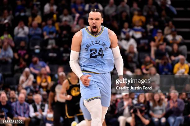 Dillon Brooks of the Memphis Grizzlies reacts during the first half against the Golden State Warriors at FedExForum on March 28, 2022 in Memphis,...