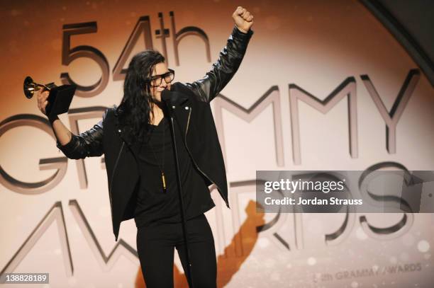 Skrillex attends The 54th Annual GRAMMY Awards Pre-Telecast at Los Angeles Convention Center on February 12, 2012 in Los Angeles, California.