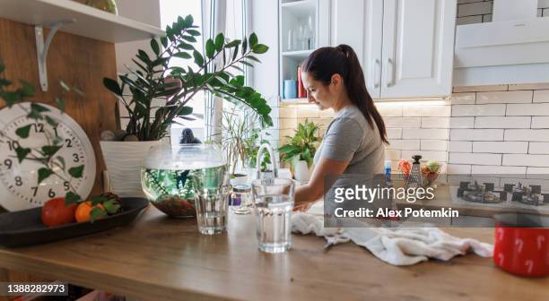 young adult woman with dark hair is washing dishes in a light kitchen at home. - home aquarium stock pictures, royalty-free photos & images