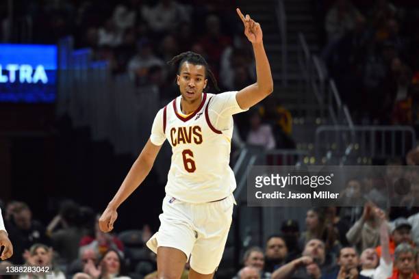 Moses Brown of the Cleveland Cavaliers celebrates after scoring during the third quarter against the Orlando Magic at Rocket Mortgage Fieldhouse on...