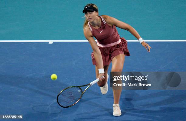 Paula Badosa of Spain returns a shot to Linda Fruhvirtova of Czechia during the Women’s Singles match on Day 8 of the 2022 Miami Open presented by...