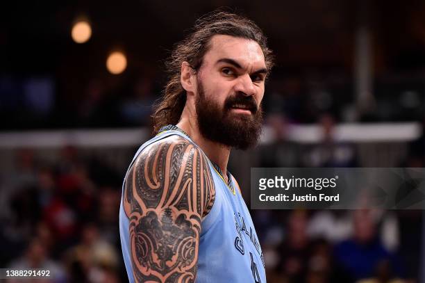 Steven Adams of the Memphis Grizzlies reacts during the second half against the Golden State Warriors at FedExForum on March 28, 2022 in Memphis,...