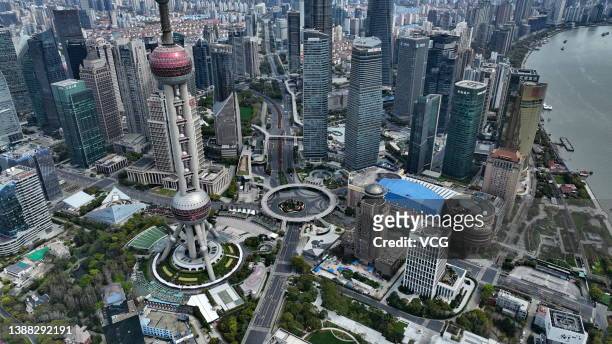 Aerial view of empty Lujiazui area amid COVID-19 resurgence on March 28, 2022 in Shanghai, China. From 5 a.m. On Monday to 5 a.m. On Friday, the...