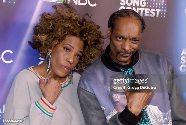 Macy Gray and Snoop Dogg attend NBC's "American Song Contest" Week 2 Red Carpet at Universal Studios Hollywood on March 28, 2022 in Universal City,...