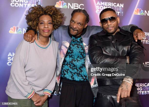 Macy Gray, Snoop Dogg and Maino attend NBC's "American Song Contest" Week 2 Red Carpet at Universal Studios Hollywood on March 28, 2022 in Universal...