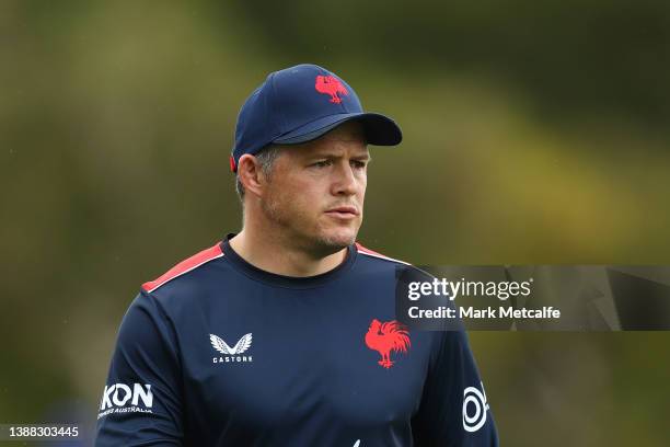 Roosters assistant coach Brett Morris looks on during a Sydney Roosters NRL training session at Kippax Lake on March 29, 2022 in Sydney, Australia.