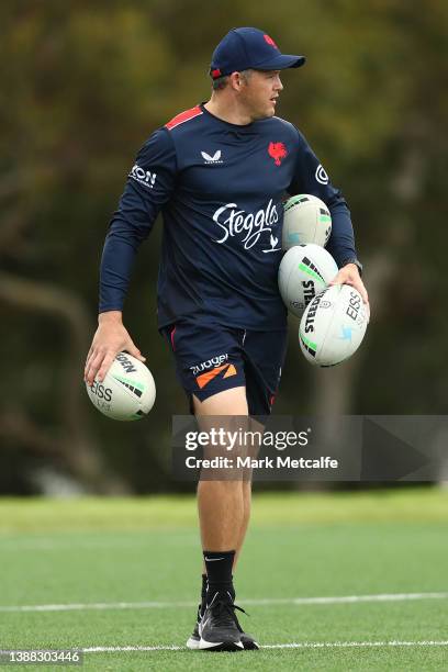 Roosters assistant coach Brett Morris looks on during a Sydney Roosters NRL training session at Kippax Lake on March 29, 2022 in Sydney, Australia.