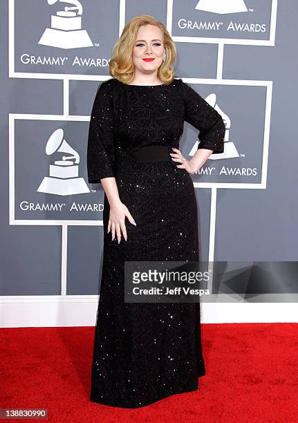 Singer Adele arrives at The 54th Annual GRAMMY Awards at Staples Center on February 12, 2012 in Los Angeles, California.