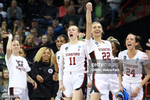 The Stanford Cardinal celebrate during the second half against the Maryland Terrapins during the Sweet Sixteen round of the NCAA Women's Basketball...