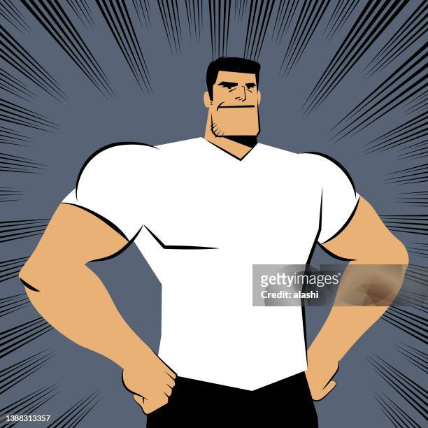 stockillustraties, clipart, cartoons en iconen met a strong man smiles and stands with fists on his hip and, comics effects lines background - macho