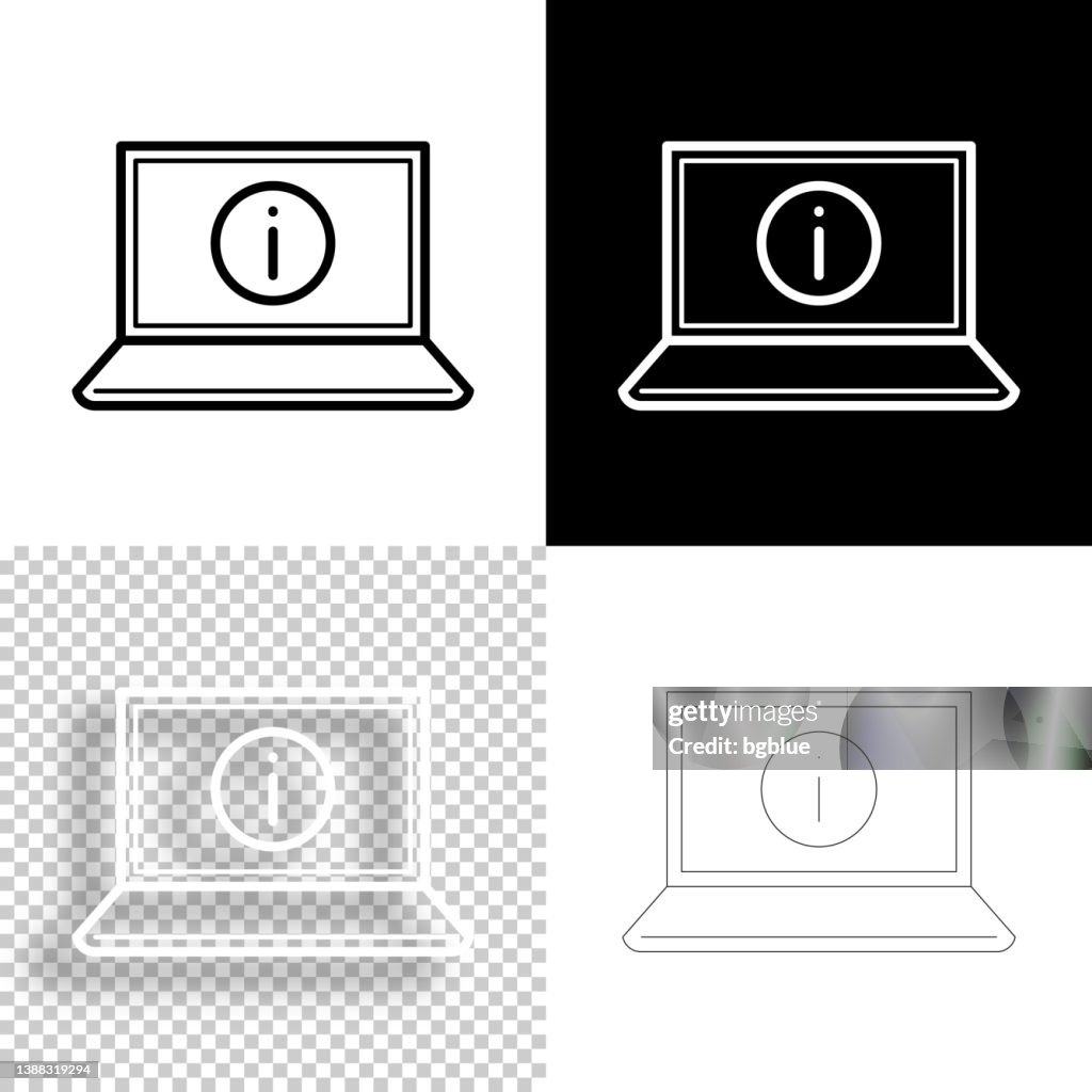 Laptop mit Informationsschild. Icon für Design. Leere, weiße und schwarze Hintergründe - Liniensymbol