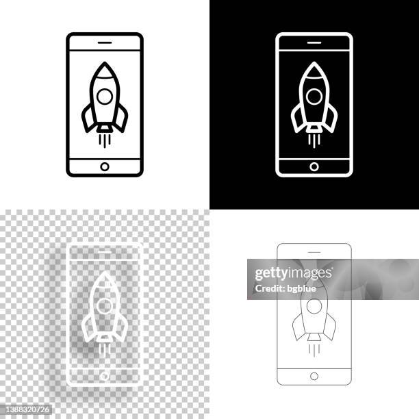 smartphone mit rakete. icon für design. leere, weiße und schwarze hintergründe - liniensymbol - rocket ship icon stock-grafiken, -clipart, -cartoons und -symbole