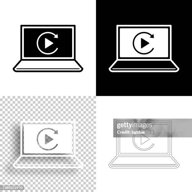 ilustraciones, imágenes clip art, dibujos animados e iconos de stock de reproducir en la computadora portátil. icono para el diseño. fondos en blanco, blancos y negros - icono de línea - replay