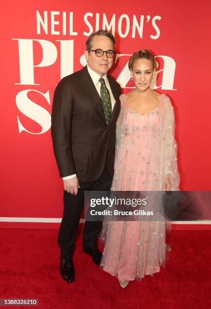 Matthew Broderick and Sarah Jessica Parker pose at the opening night of the Neil Simon play "Plaza Suite" on Broadway at The Hudson Theater on March...