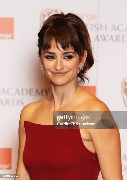 Actress Penelope Cruz poses in the press room during the Orange British Academy Film Awards 2012 at the Royal Opera House on February 12, 2012 in...