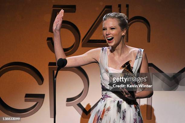 Musician Taylor Swift accepts the award Best Country Song for "Mean" onstage at the 54th Annual GRAMMY Awards held at Staples Center on February 12,...