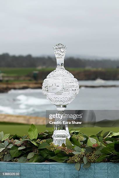 The tournament trophy is seen during the trophy presentation after the final round of the AT&T Pebble Beach National Pro-Am at Pebble Beach Golf...