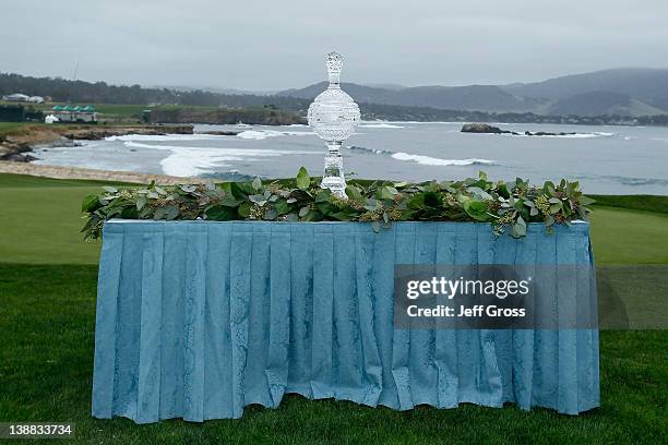 The tournament trophy is seen during the trophy presentation after the final round of the AT&T Pebble Beach National Pro-Am at Pebble Beach Golf...