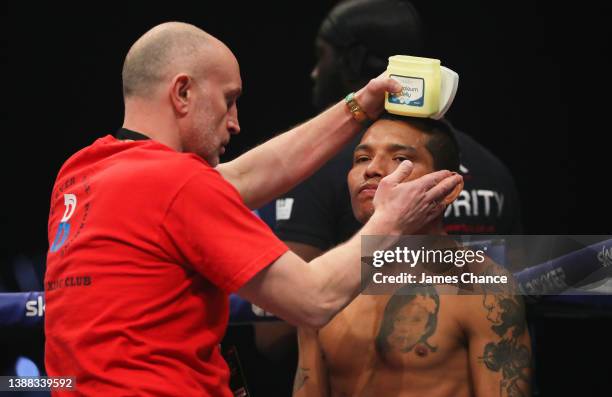 Jose Hernandez has vaseline applied to their face prior to the Super Featherweight fight between Jimmy Lee and Jose Hernandez at Wembley Arena on...