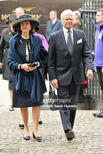 Queen Silvia of Sweden and King Carl XVI Gustaf of Sweden attend the Memorial Service For The Duke Of Edinburgh at Westminster Abbey on March 29,...