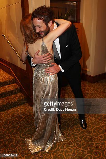 Chris O Dowd and Jessica Chastain attend The Orange British Academy Film Awards 2012 afterparty at The Grosvenor House Hotel on February 12, 2012 in...