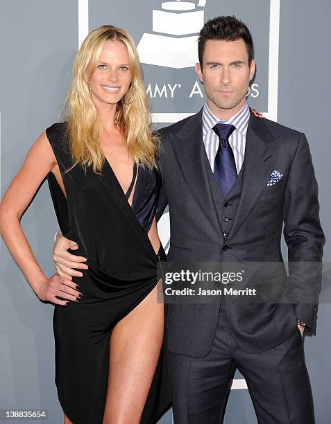 Singer Adam Levine of Maroon 5 and Anne V arrive at the 54th Annual GRAMMY Awards held at Staples Center on February 12, 2012 in Los Angeles,...