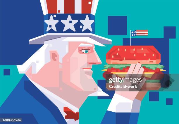 uncle sam holding hamburger - senior dining stock illustrations