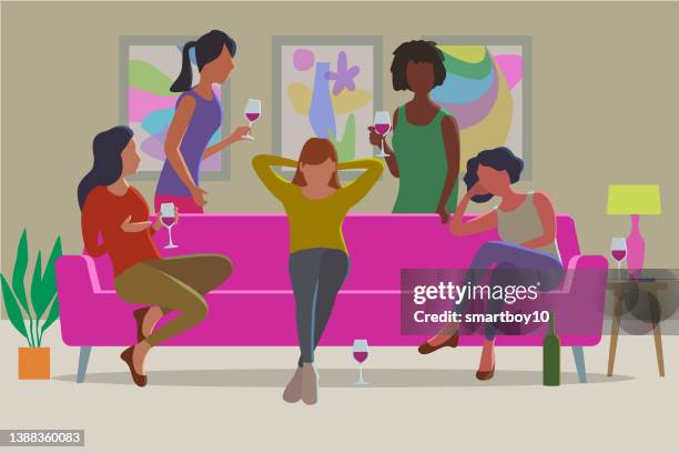 ilustraciones, imágenes clip art, dibujos animados e iconos de stock de amigas socializando con vino - amigas