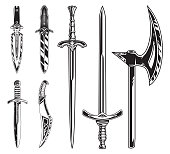 Meele Weapon Vector Pack. Set of isolated sword, dagger, and axe.